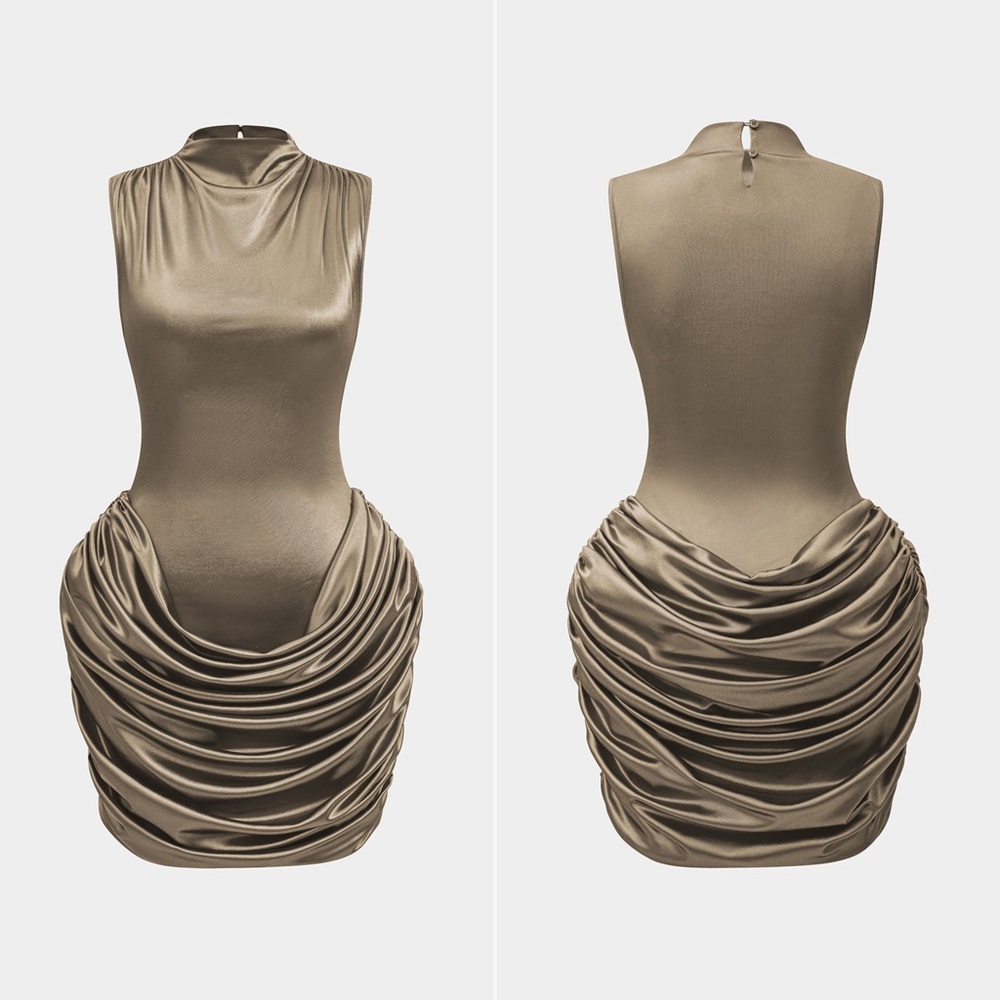 Micas Ruched Sleeveless Mini Dress in Champagne Sz M NWT